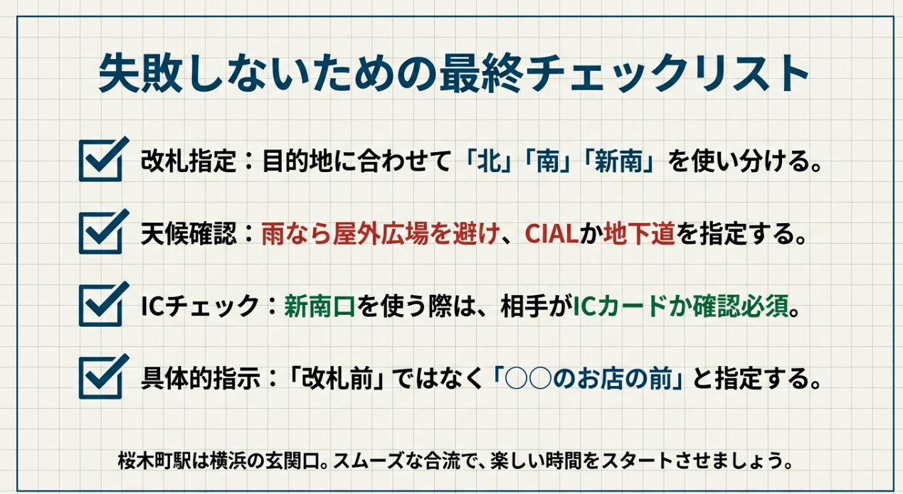 改札の指定、天候確認、ICカードの有無、具体的店名の指定など、スムーズな合流のための最終確認事項