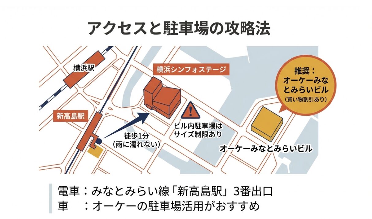 新高島駅から徒歩1分（雨に濡れない）のアクセスルート図。推奨駐車場として買い物割引がある「オーケーみなとみらいビル」を案内するマップ 。