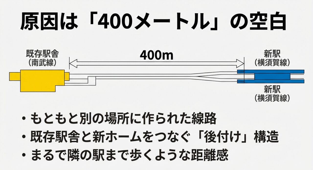 既存の南武線駅舎と新設された横須賀線ホームの間に400メートルの距離があり、後付けで通路が作られたことを示す図解。