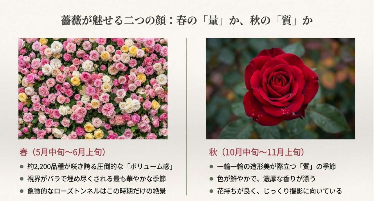 春は2,200品種の圧倒的ボリューム、秋は一輪の造形美と濃厚な香りが際立つという、バラの季節ごとの特徴比較