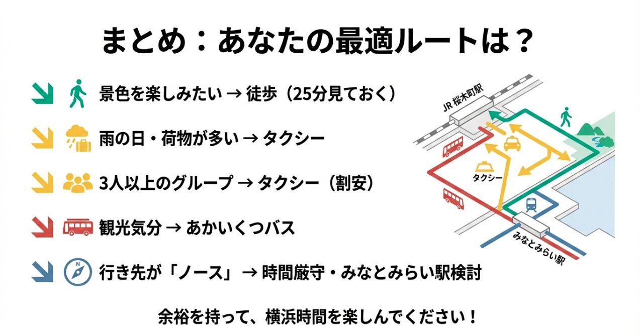 景色、雨、荷物、観光など、目的別にどの移動手段が最適かを一目で確認できる、桜木町駅からのルートまとめ図