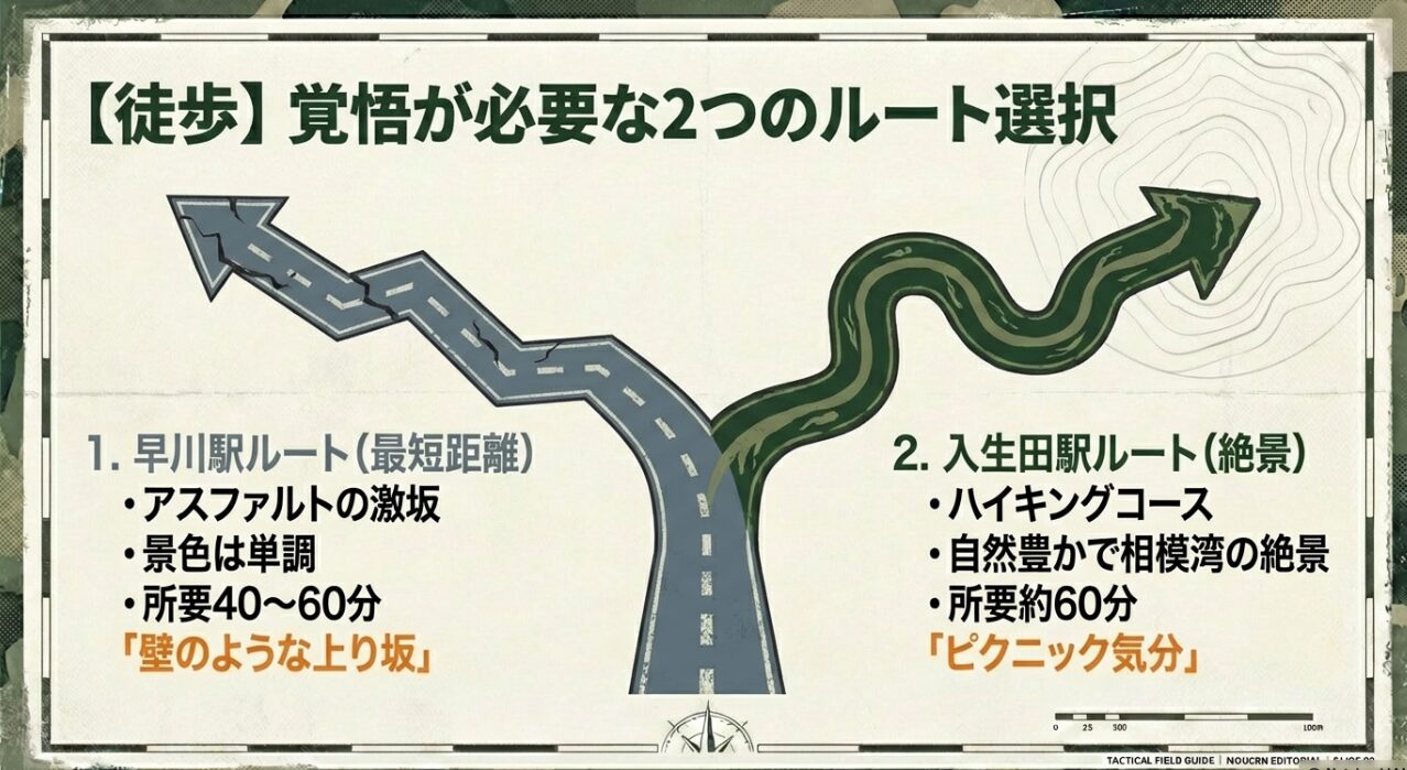 最短だが激坂の早川駅ルートと、絶景を楽しめるハイキング向きの入生田駅ルートの所要時間・特徴比較