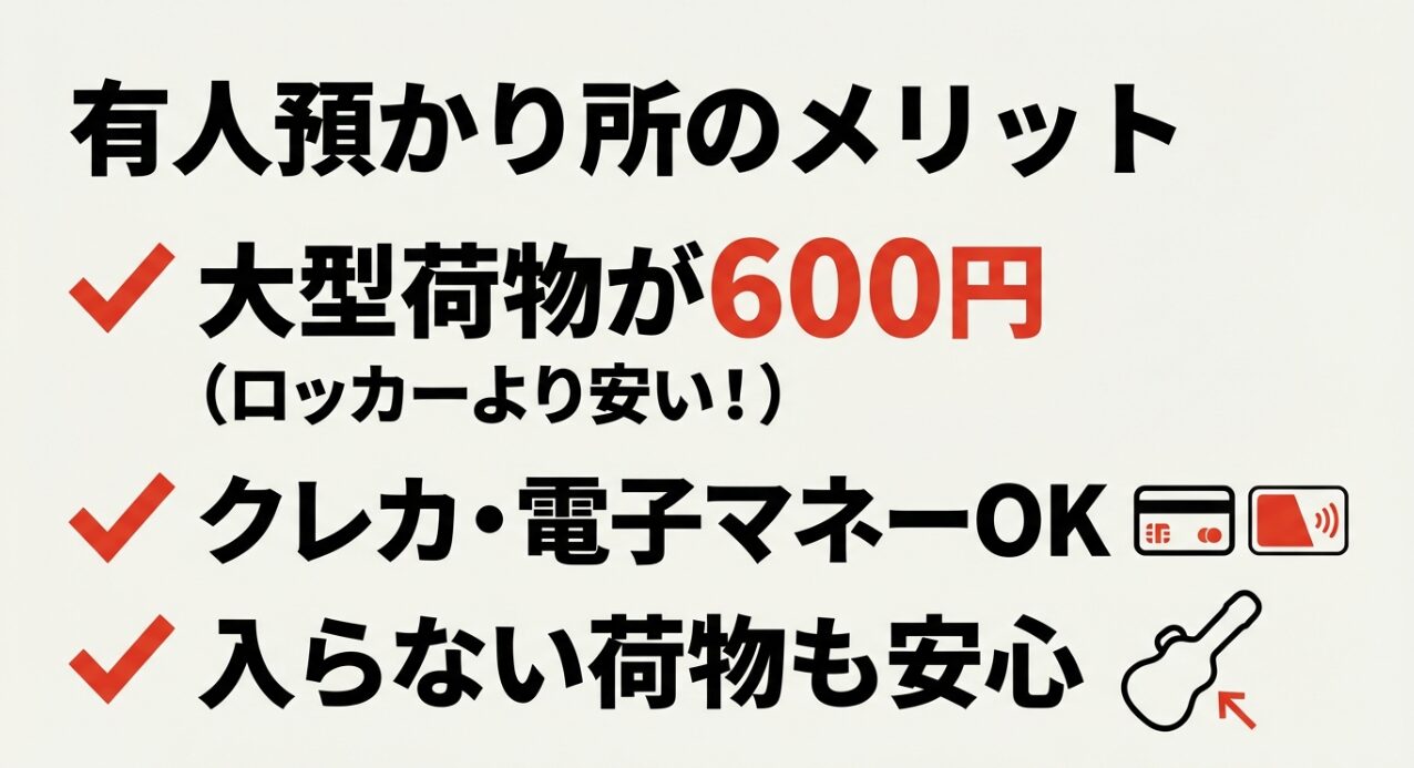 有人預かり所は大型荷物がロッカーより安く、クレカや電子マネーが使えるメリットの解説