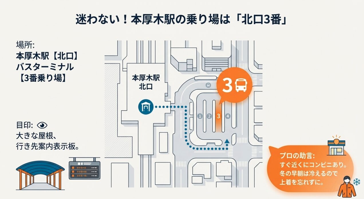 本厚木駅北口のバスターミナル案内図 。羽田空港行きのリムジンバスは「北口3番乗り場」から発車することを示している 。大きな屋根と行き先案内表示板が目印