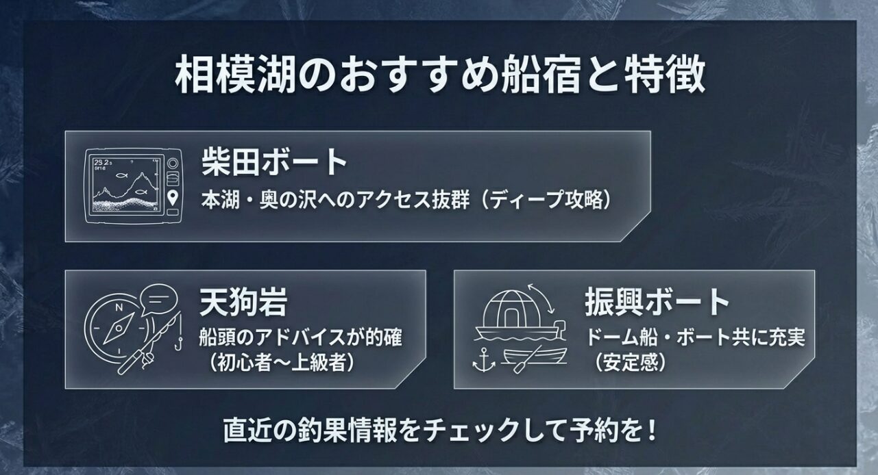 柴田ボート、天狗岩、振興ボートのエリアと特徴を比較したスライド画像