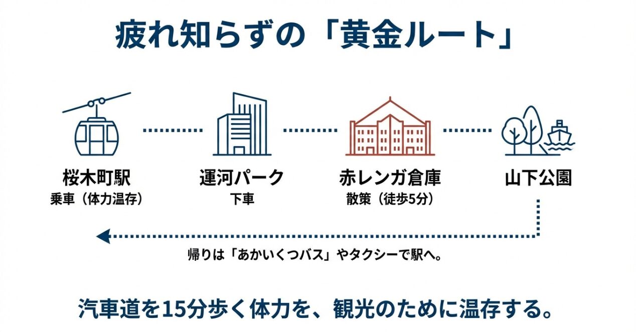 桜木町駅からロープウェイに乗り、運河パーク、赤レンガ倉庫、山下公園へと効率よく巡る観光動線の図解。