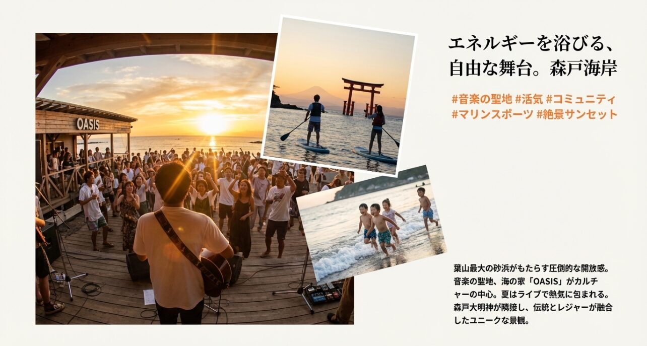 森戸海岸の紹介。海の家OASISのライブの熱気、森戸大明神の鳥居、SUPなどのマリンスポーツを楽しむ様子。