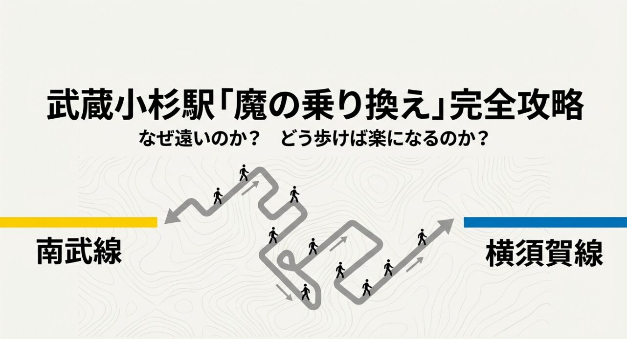 武蔵小杉駅の南武線と横須賀線の乗り換え攻略術を解説するスライドのタイトル画面。