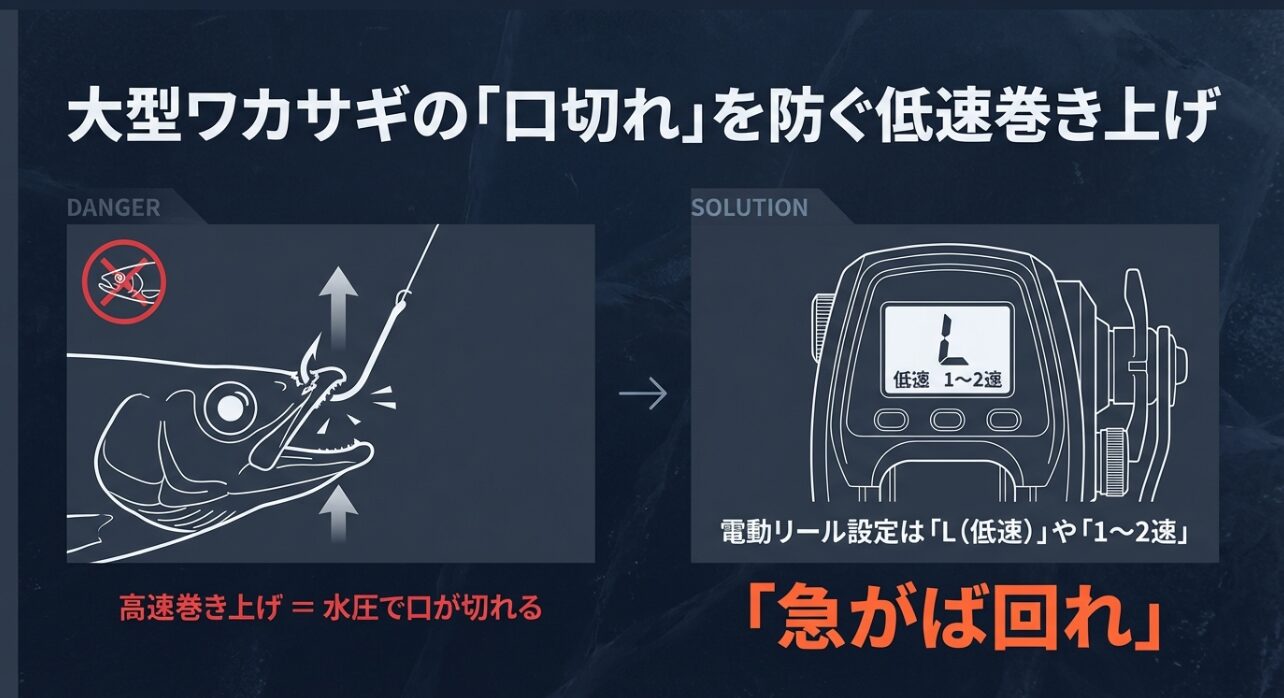 水圧による口切れを防ぐための電動リール低速設定（Lまたは1〜2速）の推奨図