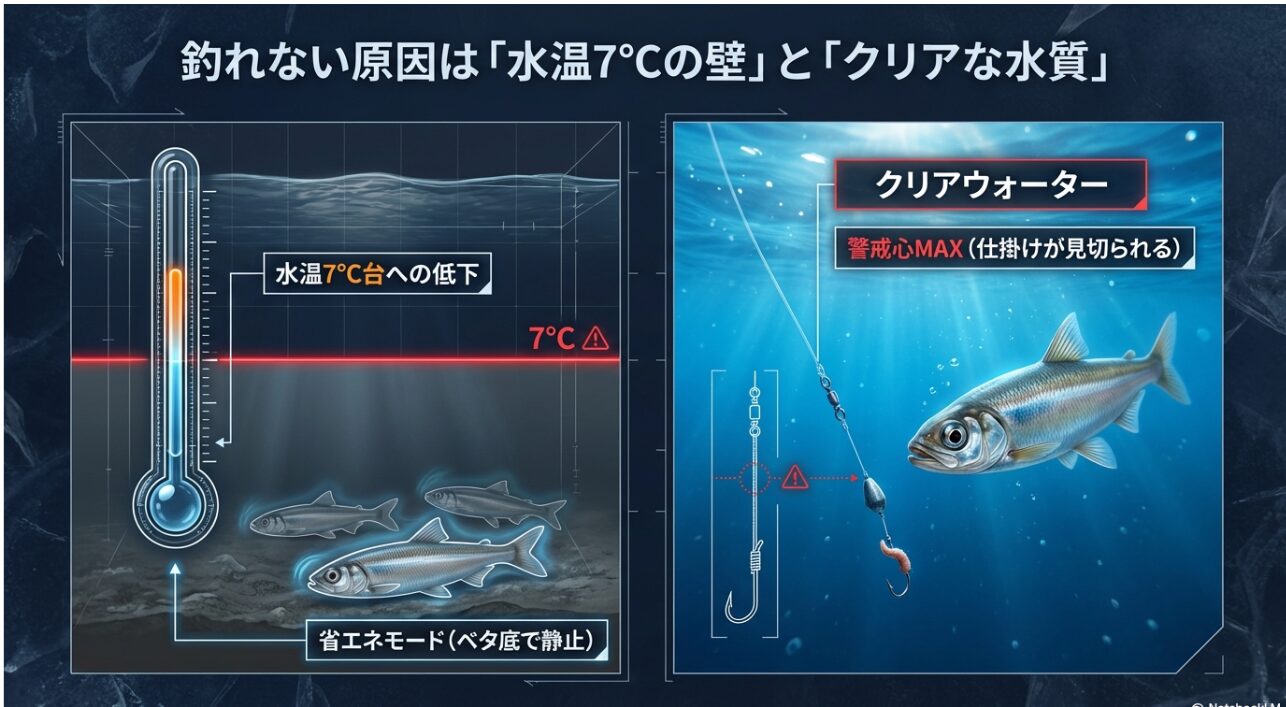 水温7℃の壁とクリアウォーターによる警戒心向上のメカニズムを示す図