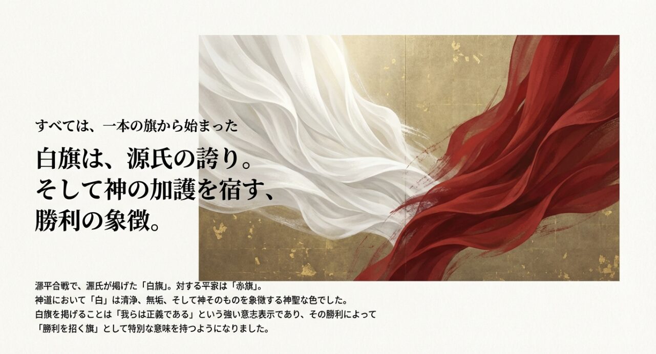 水面に浮かぶ笹の葉の背景に、藤沢の白旗神社の起源である源義経公の首塚伝説と、魂を鎮める祈り（キーワード：首洗い井戸）について解説したスライド画像 。