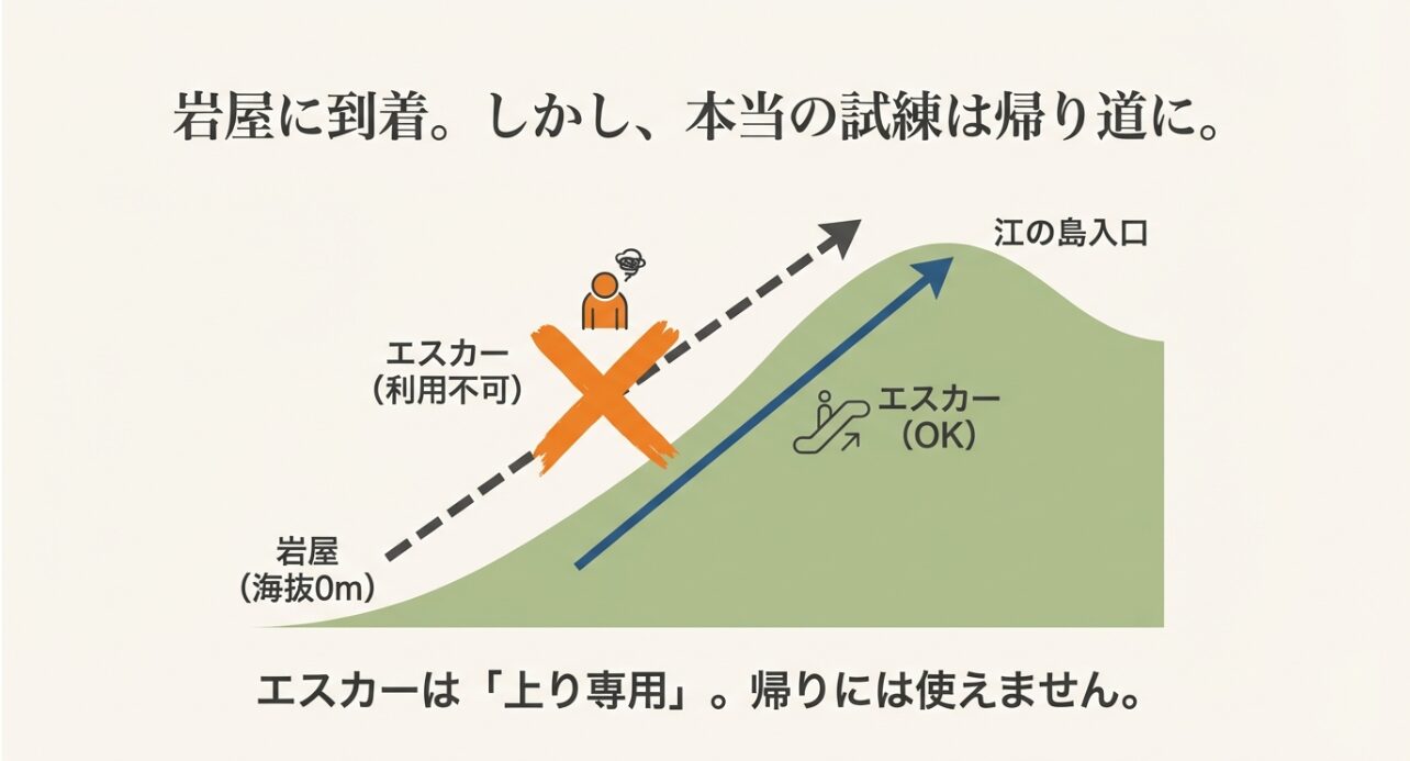 江の島エスカーは上り専用であり、岩屋（海抜0m）からの帰り道には利用できないことを示す図解。