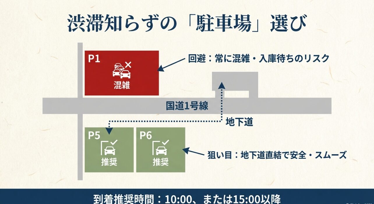 混雑するP1を避け、地下道直結でスムーズなP5・P6駐車場を推奨するマップと、到着推奨時間の案内。