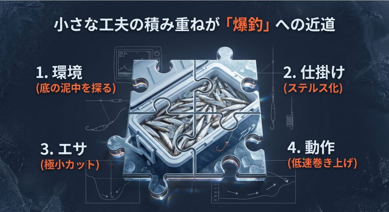 環境、仕掛け、エサ、動作の4要素をパズルのように組み合わせる攻略の要点図