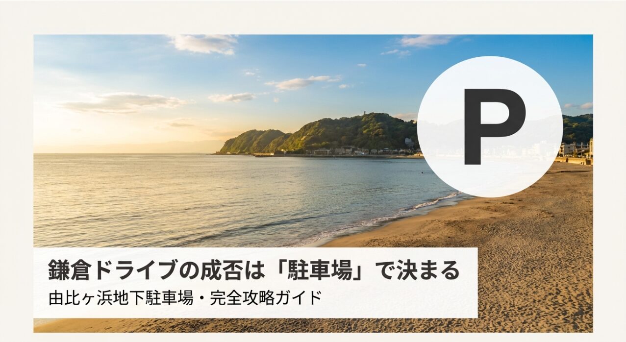 由比ヶ浜地下駐車場の完全攻略ガイドの表紙。鎌倉ドライブの駐車場選びの重要性を説明するスライド