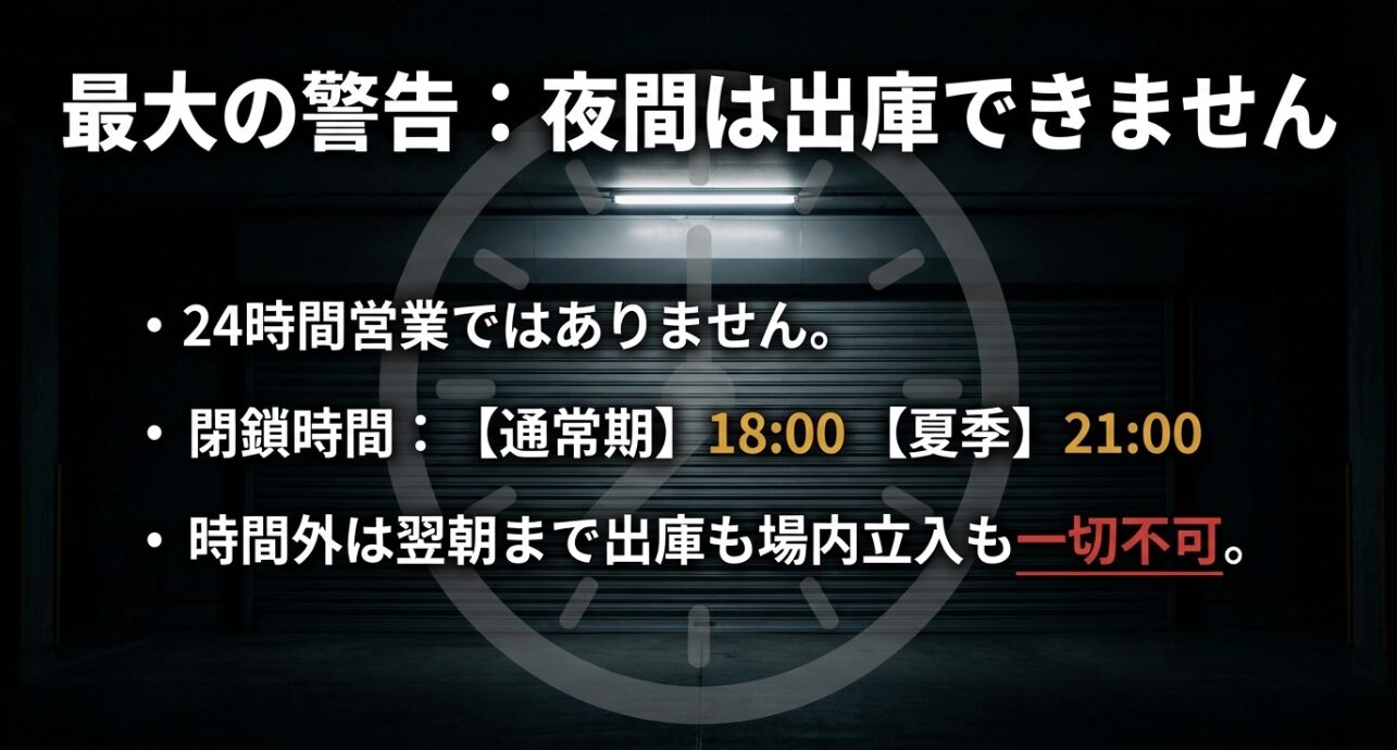 由比ヶ浜地下駐車場の閉鎖時間（通常18時、夏季21時）と、時間外は一切出庫できない警告。