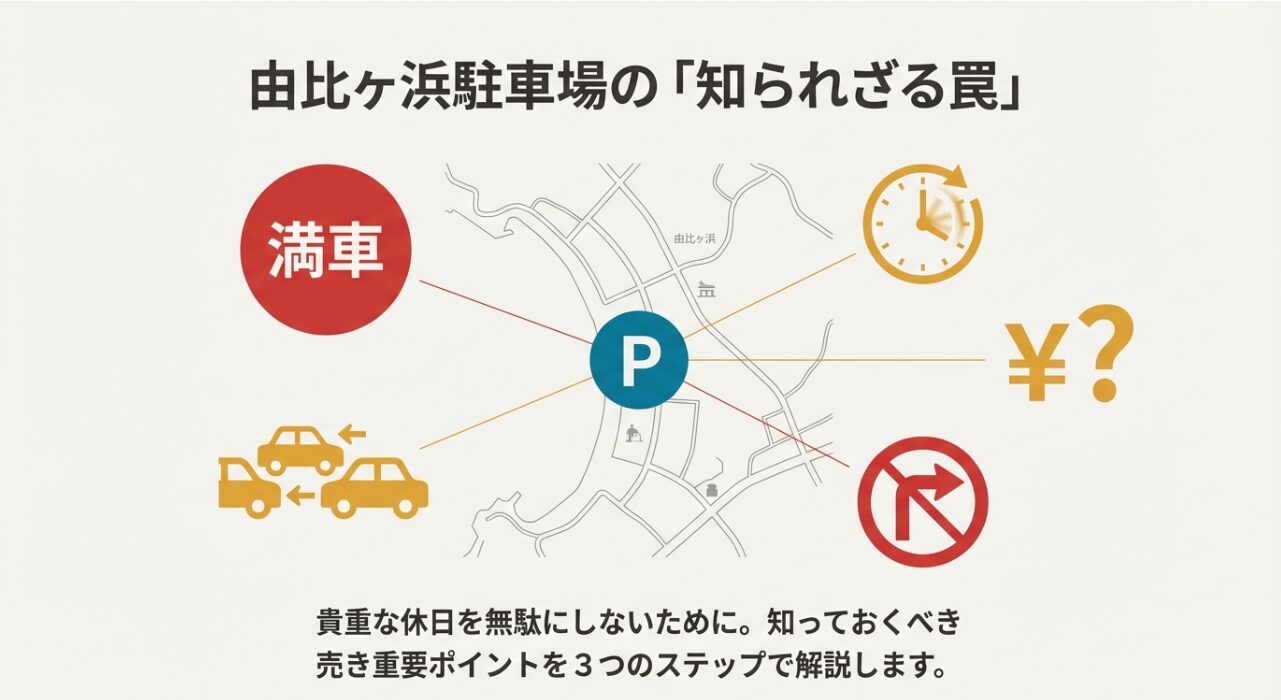 由比ヶ浜駐車場の注意点（満車、料金、右折禁止など）を3つのステップで解説することを伝える導入スライド
