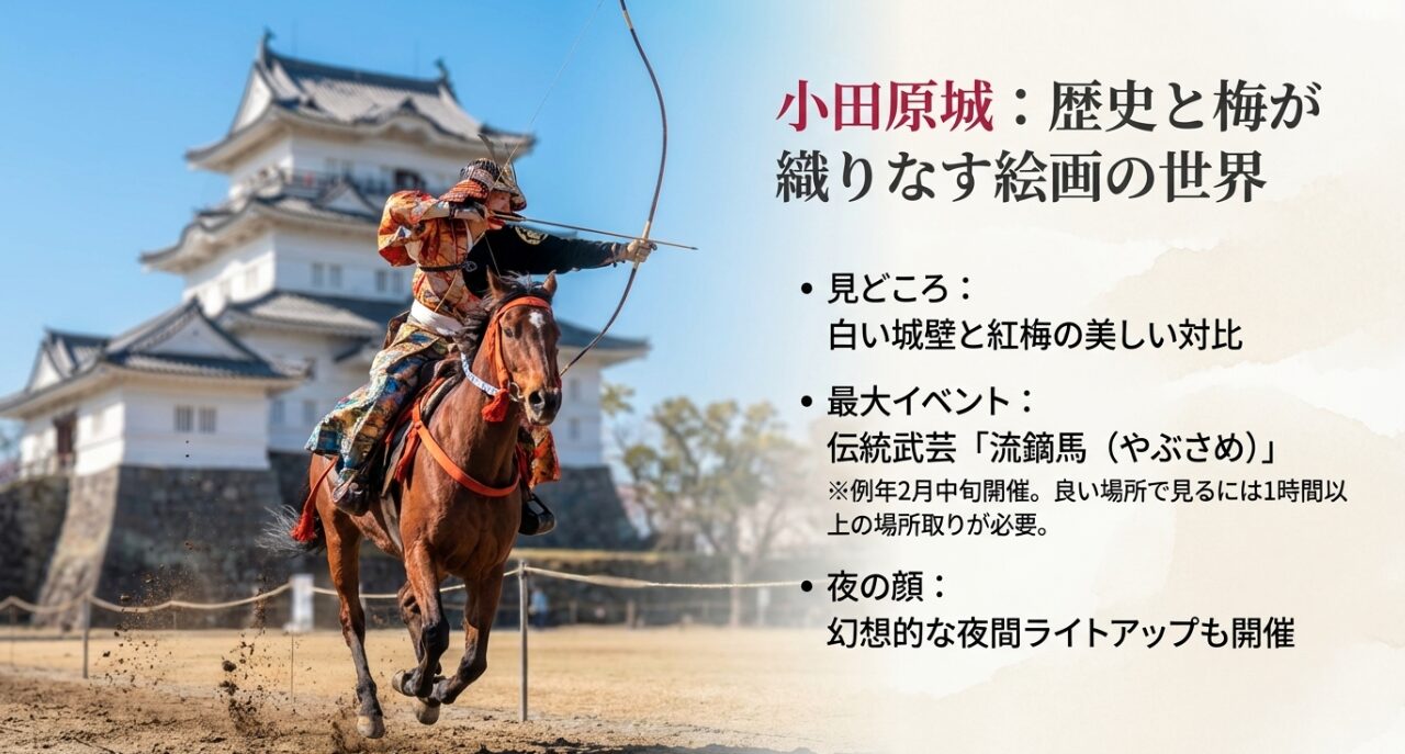 白い城壁に映える紅梅と、伝統行事「流鏑馬（やぶさめ）」の見どころ紹介。