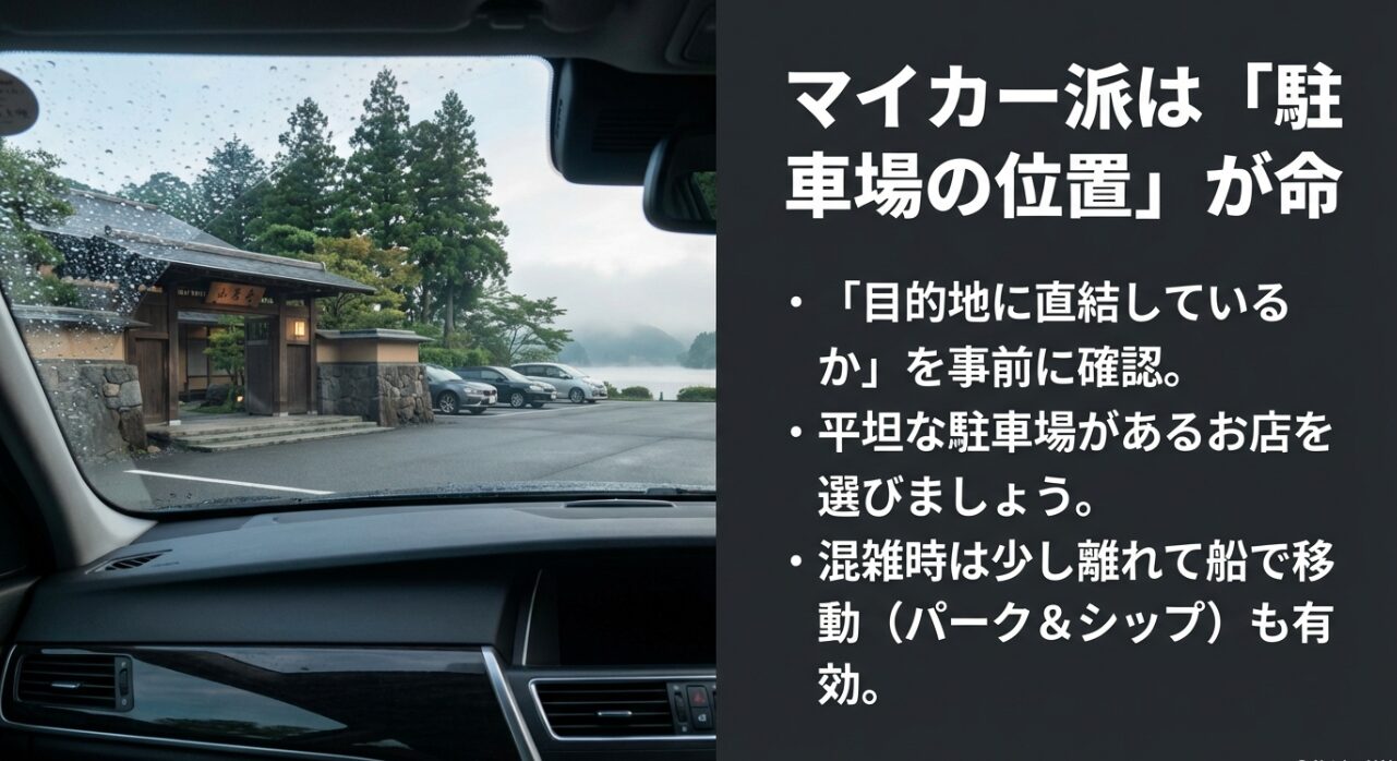 目的地直結の駐車場確認や平坦な駐車場がある店選び、パーク＆シップの活用を勧めるスライド