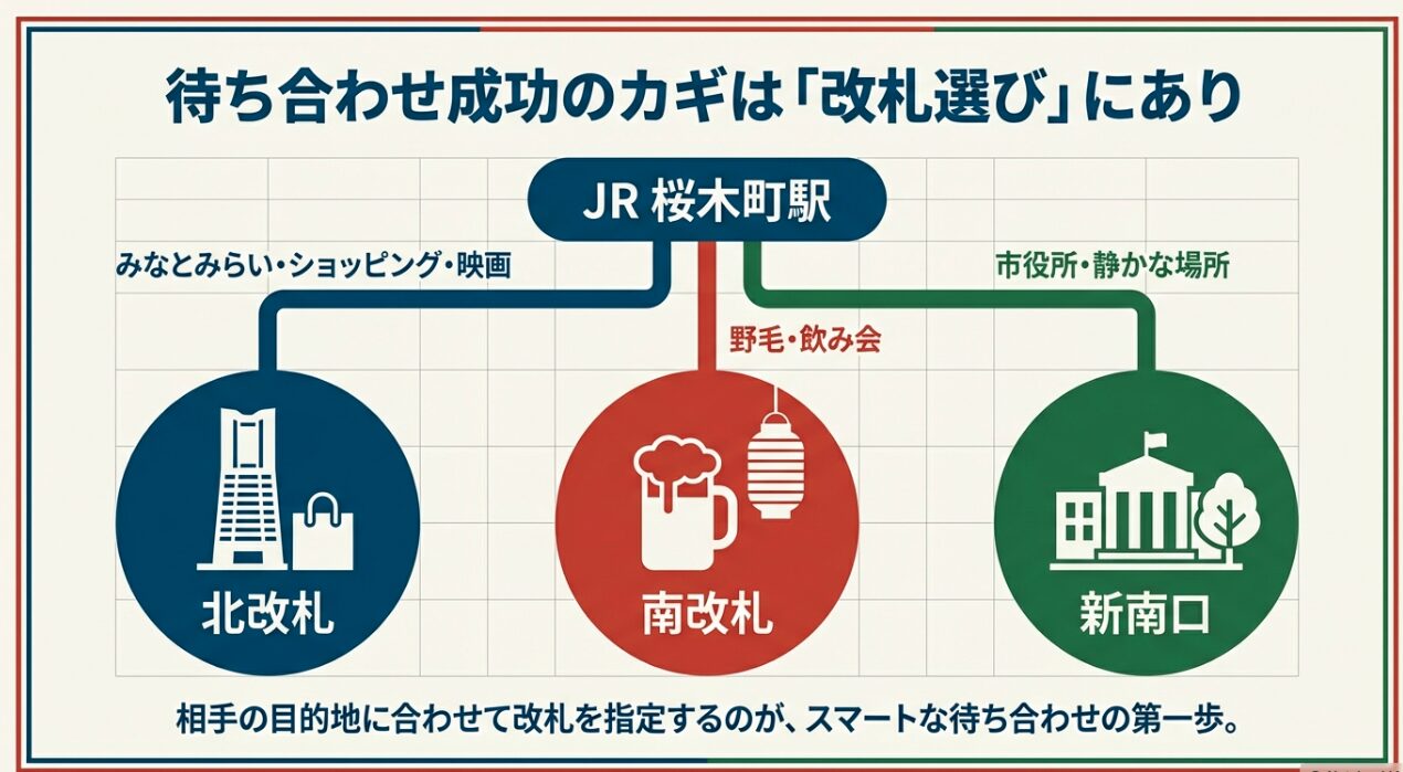 目的地（みなとみらい・市役所・野毛）に応じた北改札・南改札・新南口の使い分けを説明した図解