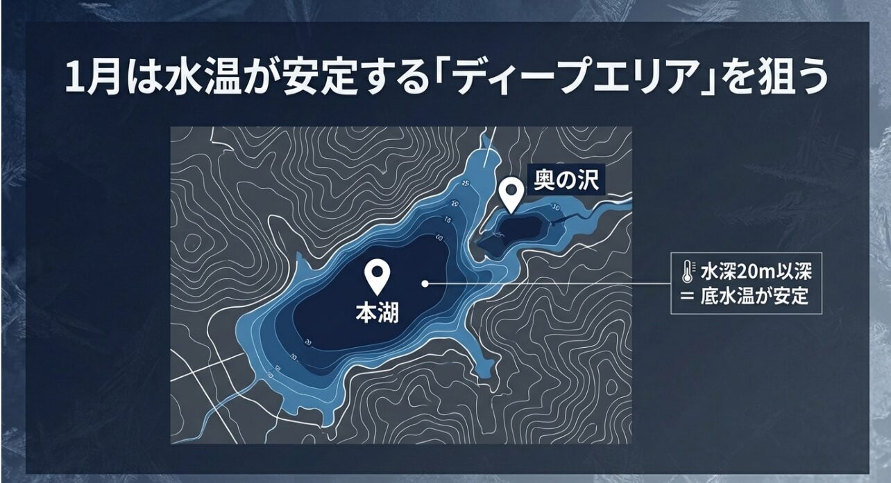 相模湖の本湖と奥の沢のディープエリア（水深20m以深）を解説するマップ画像