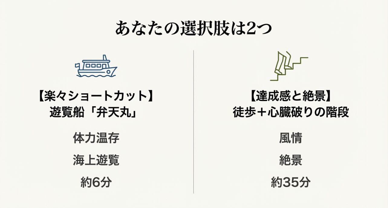 稚児ヶ淵からの帰路として、遊覧船「弁天丸（6分）」と「徒歩＋階段（35分）」の2つのルートを比較したスライド。