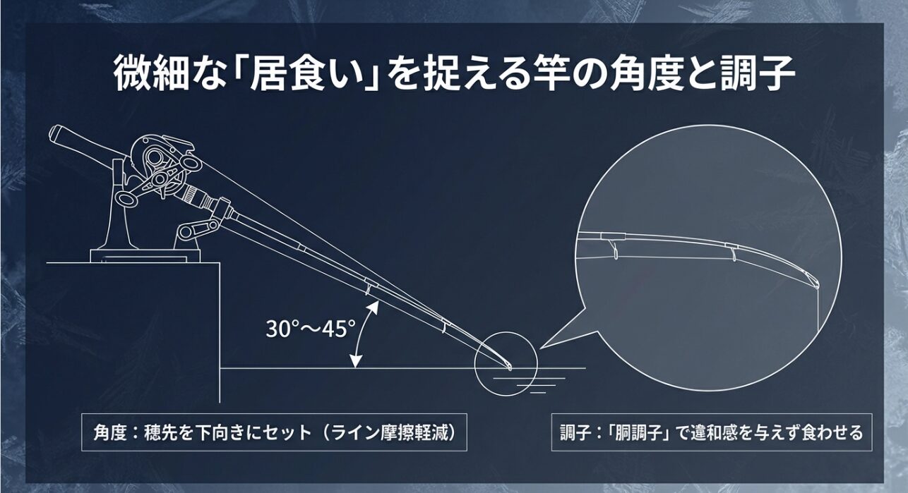 穂先を30度から45度の下向きにセットし、胴調子の竿で違和感なく食わせる図解