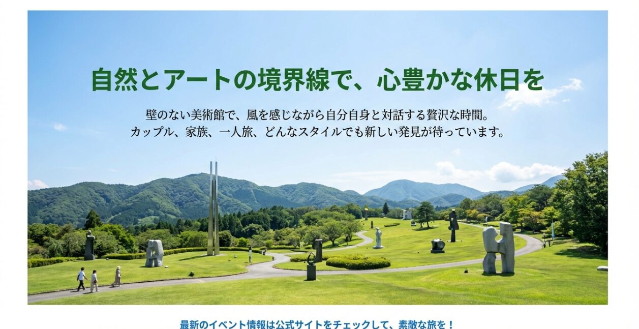 箱根の山々を背景に広がる野外彫刻の全景。自然の中で自分自身と対話する贅沢な時間の提案。