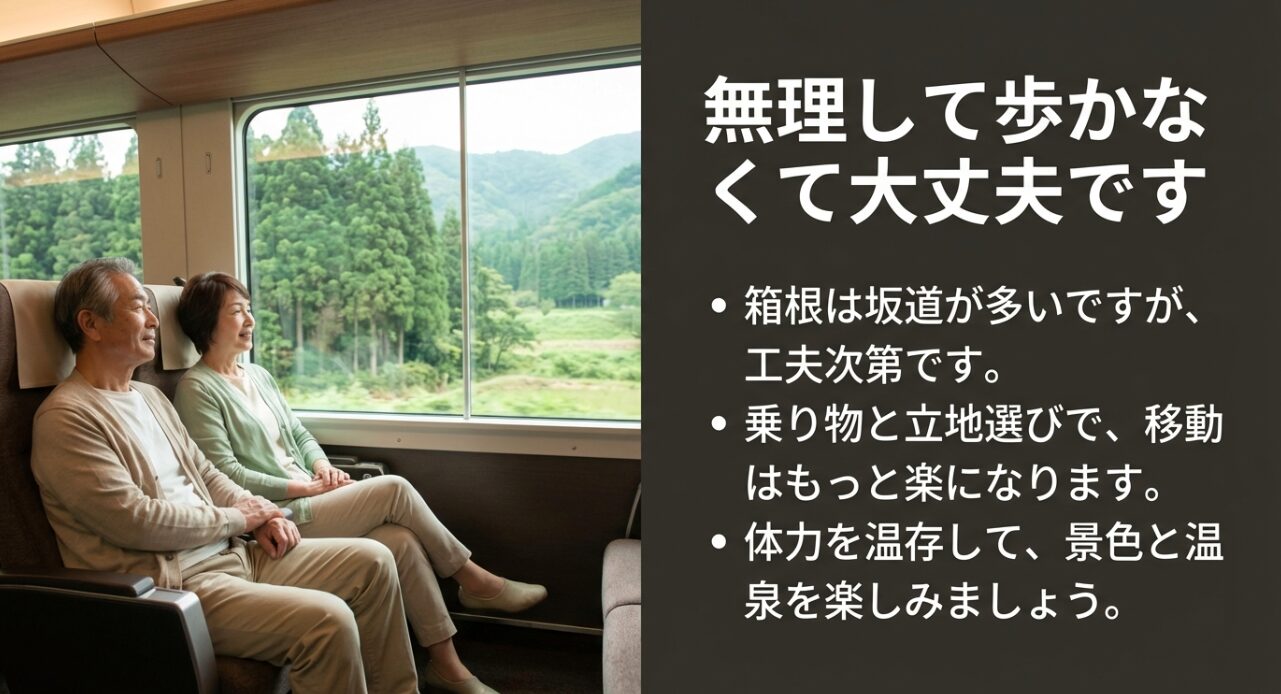 箱根は坂道が多いが乗り物と立地選びで移動を楽にし体力を温存できるという解説スライド