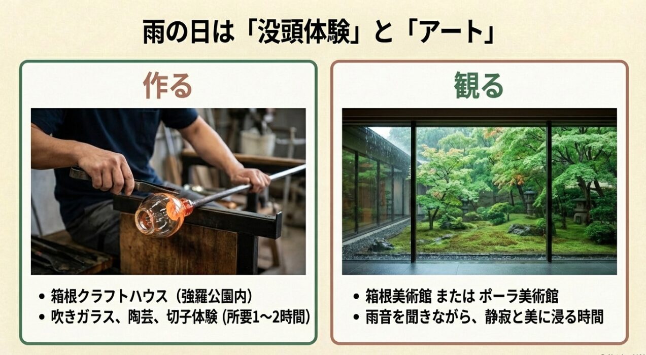箱根クラフトハウスでの体験（吹きガラス・陶芸等）や、箱根美術館・ポーラ美術館など雨の日におすすめのスポットをまとめたスライド。