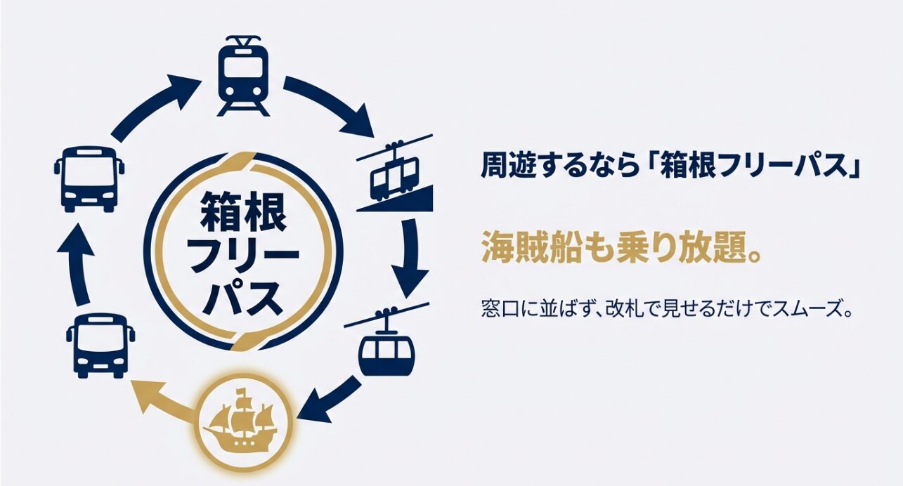 箱根フリーパスを使えば海賊船も乗り放題になり、窓口に並ばずスムーズに乗船できることを示す図。