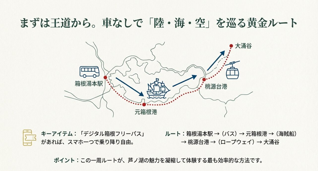 箱根湯本駅から元箱根港、桃源台、大涌谷をバス、海賊船、ロープウェイで巡る車なしの王道観光ルート図。