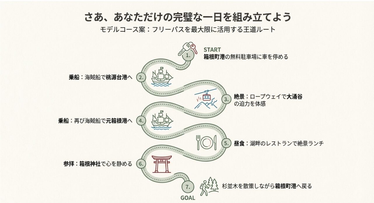 箱根町港の無料駐車場を起点に、海賊船、ロープウェイ、ランチ、箱根神社参拝を巡る1日の理想的なルート図。