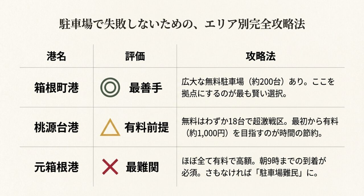 箱根町港（最善手）、桃源台港（有料前提）、元箱根港（最難関）の3つの港の駐車場事情を評価・攻略法としてまとめた表。