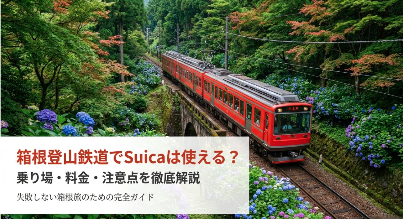 箱根登山鉄道でSuicaが使えるかを解説するスライドの表紙。電車のイラストと「乗り場・料金・注意点を徹底解説」の文字。