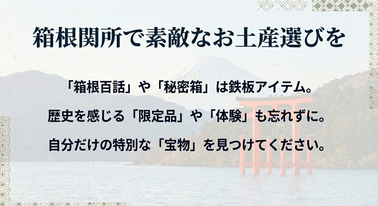箱根百話」や「秘密箱」などの鉄板アイテムから限定品、体験まで、自分だけの宝物を見つけようというまとめメッセージ