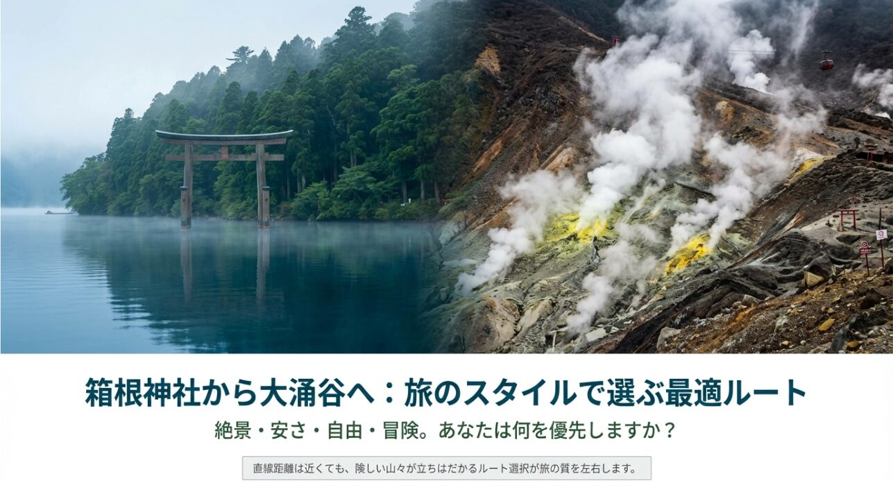 箱根神社の平和の鳥居と、噴煙が上がる大涌谷の風景を並べた比較画像