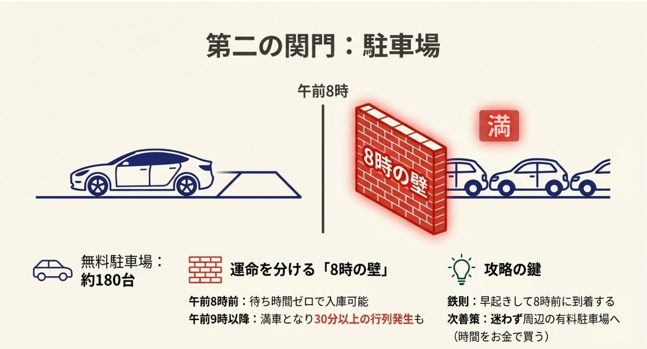 箱根神社の無料駐車場が8時前なら待ち時間ゼロ、9時以降は満車になる「8時の壁」を解説した図解。