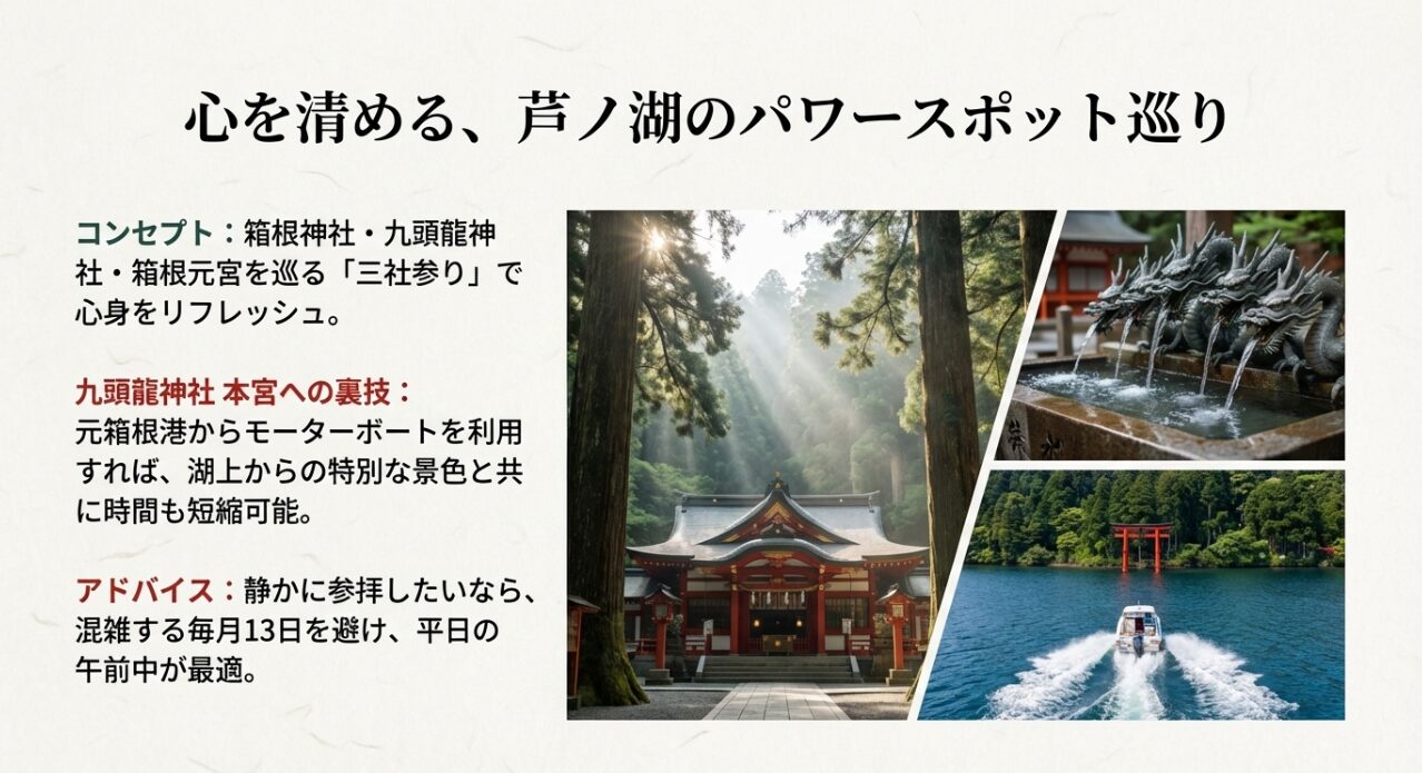 箱根神社・九頭龍神社・箱根元宮を巡る三社参りと、モーターボートを使った九頭龍神社へのアクセス方法。