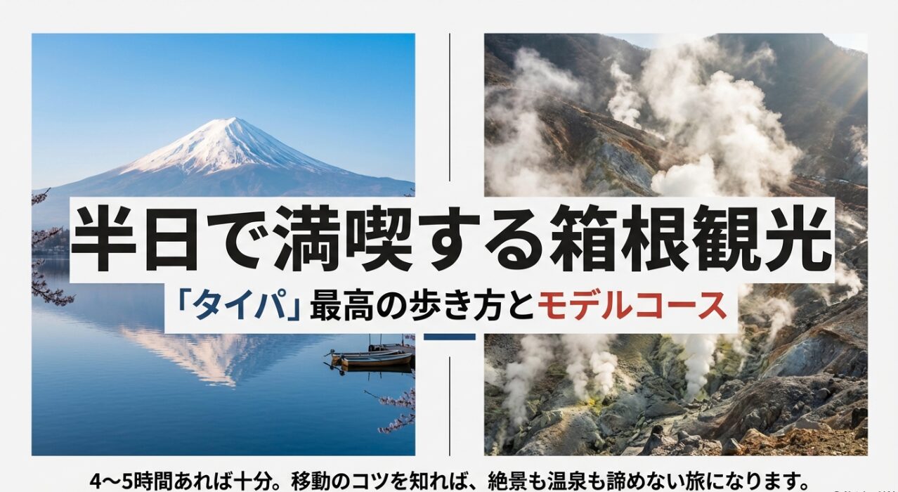 箱根観光を半日で満喫するためのタイパ最高の歩き方とモデルコースを紹介するスライドの表紙。4〜5時間で絶景も温泉も楽しむコツを解説。