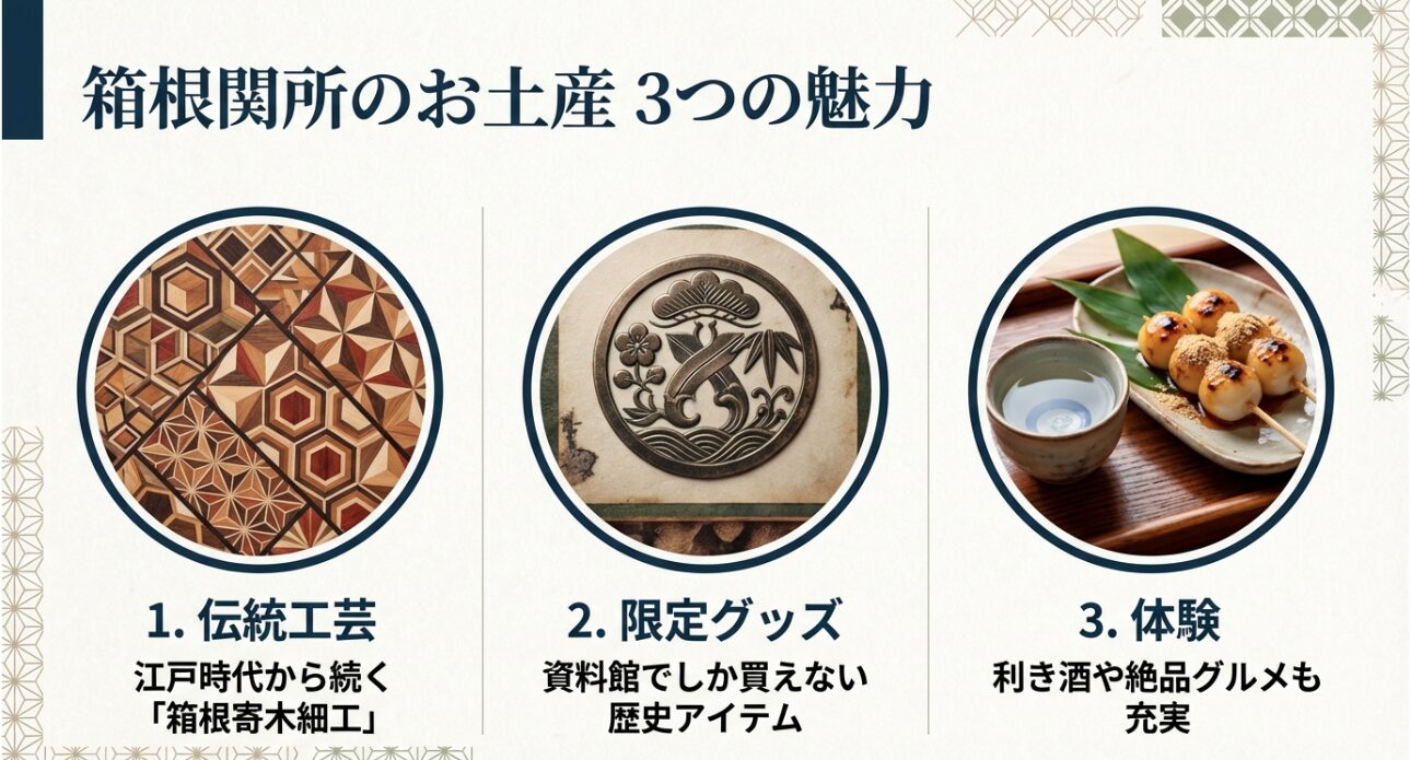 箱根関所のお土産の3つの魅力として、1.伝統工芸（箱根寄木細工）、2.限定グッズ（資料館アイテム）、3.体験（利き酒・グルメ）を紹介するスライド