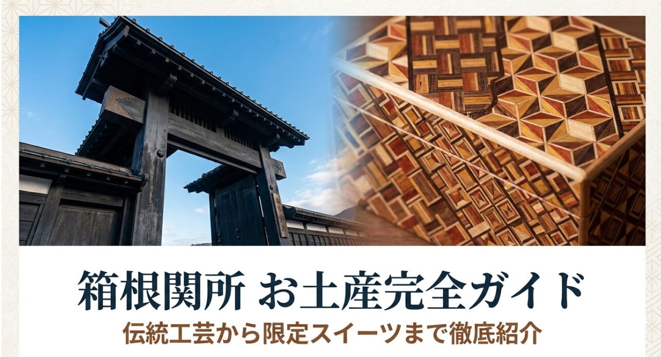 箱根関所の門と箱根寄木細工のイメージ画像。「箱根関所 お土産完全ガイド 伝統工芸から限定スイーツまで徹底紹介」のタイトル