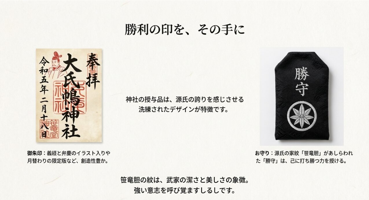 義経・弁慶のイラスト入り御朱印や、家紋「笹竜胆」があしらわれた「勝守」など、洗練されたデザインの授与品を紹介するスライド画像