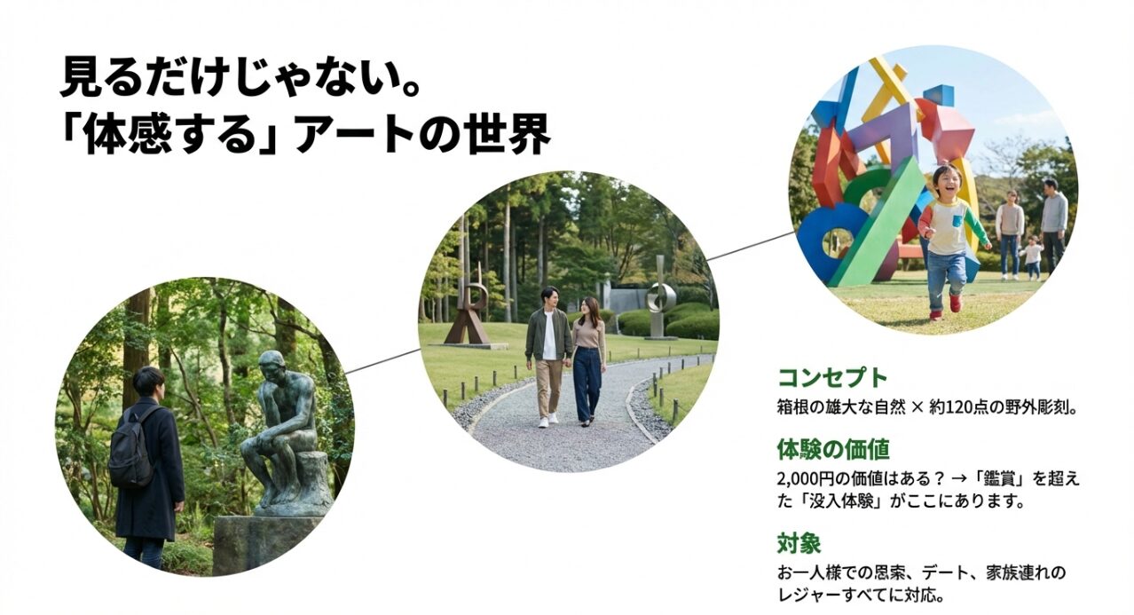 自然と彫刻が融合した展示空間で没入体験を楽しむカップルや家族のイメージ。