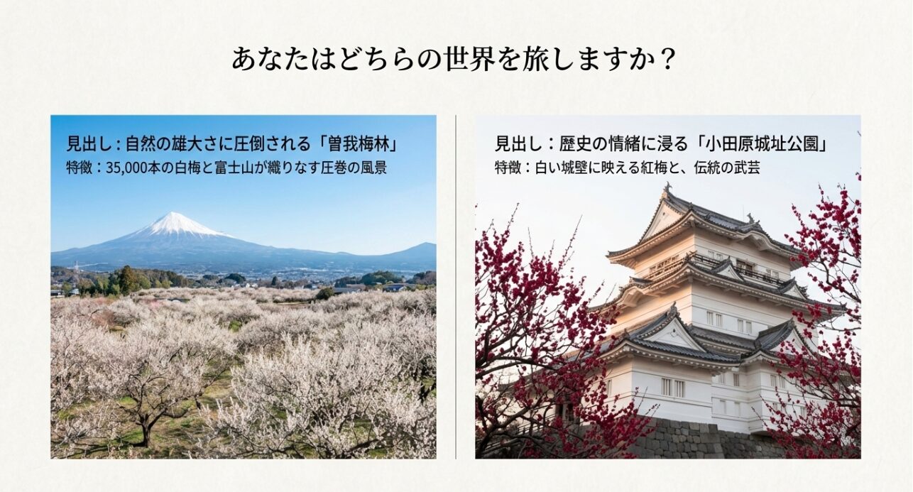 自然豊かな曽我梅林と、歴史情緒ある小田原城址公園の比較案内。