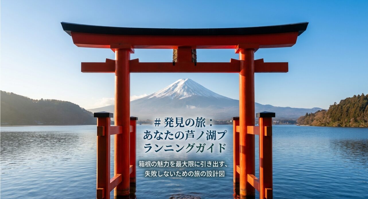 芦ノ湖に浮かぶ豪華な海賊船と「完璧な一日を約束する、芦ノ湖海賊船の旅」というタイトルのスライド画像。
