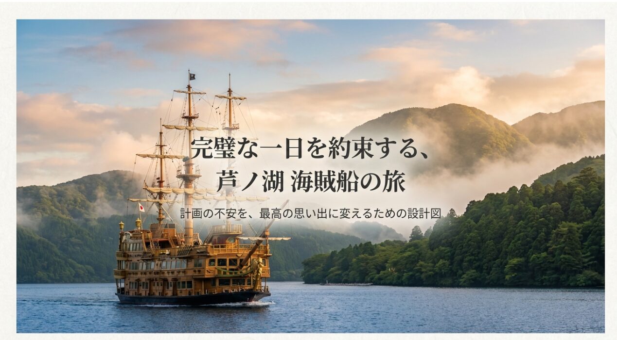 芦ノ湖に浮かぶ豪華な海賊船と「完璧な一日を約束する、芦ノ湖海賊船の旅」というタイトルのスライド画像。