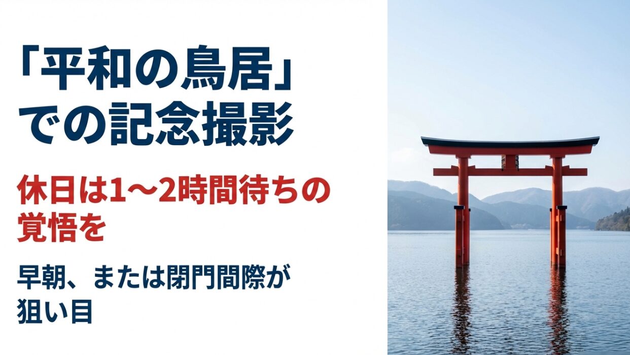 芦ノ湖に立つ平和の鳥居の写真とともに、休日1〜2時間待ちの警告と、早朝・閉門間際の推奨時間を記したスライド