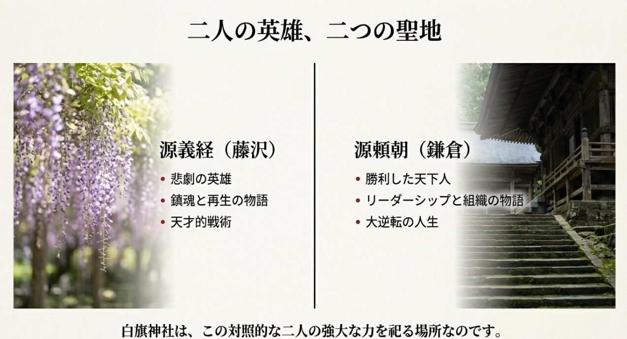 藤沢の義経（悲劇の英雄・天才的戦術）と鎌倉の頼朝（勝利した天下人・組織のリーダーシップ）の対照的な力を比較したスライド画像 。