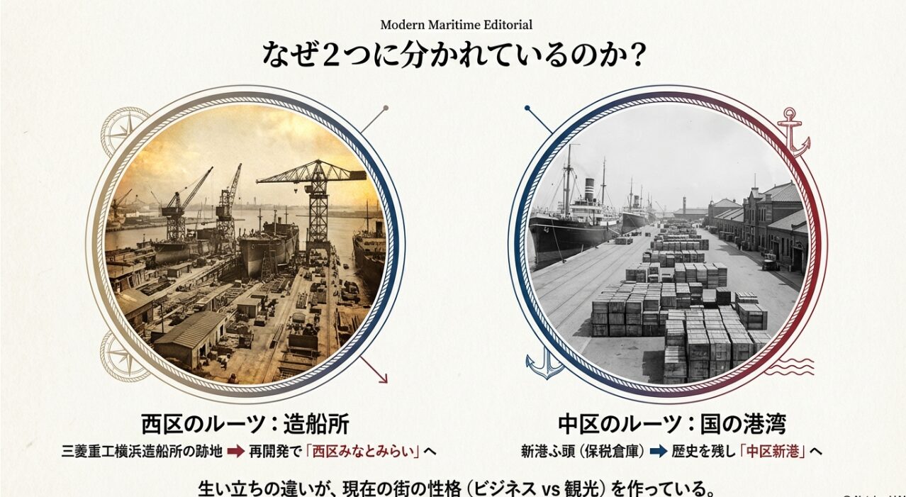 西区（三菱重工横浜造船所跡地）と中区（新港ふ頭・保税倉庫）の歴史的な成り立ちの違いを解説する古写真風イメージ